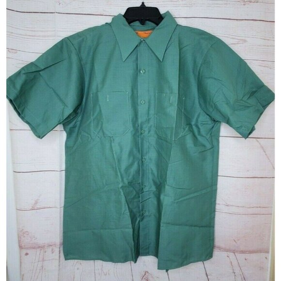 Durable Press Made In USA L-SS #3 Olive Green Short Sleeve Snap Button Up Shirt - Picture 1 of 12